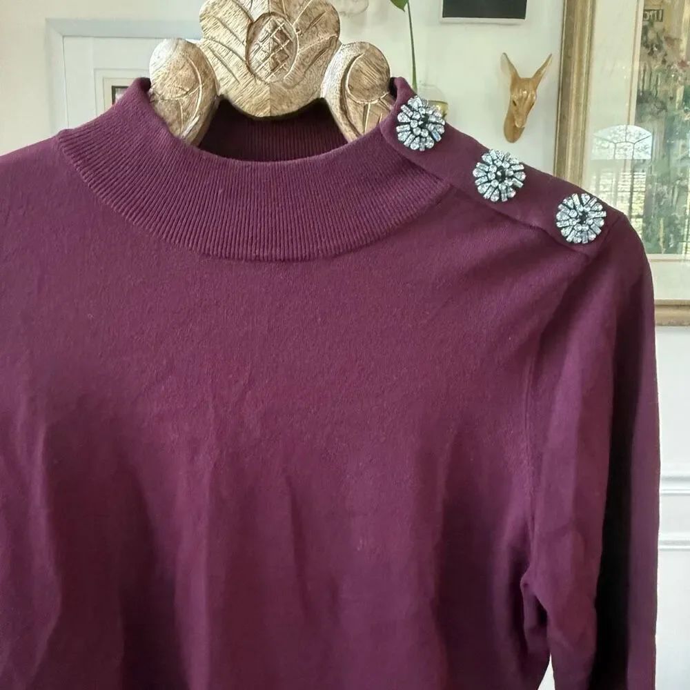 INC International Concepts Burgundy Mock Neck Lightweight Sweater Rhinestone Emb